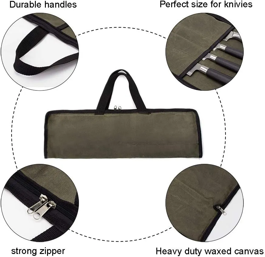 QEES Knife Roll,Heavy Duty Knife Bag,Waxed Canvas knife Case with 4 Slots For Knives & Kitchen Tools,Chef Knife Bag With Handle.Portable Knife Roll Bag For Chefs Culinary Traveling.Knives Pouch