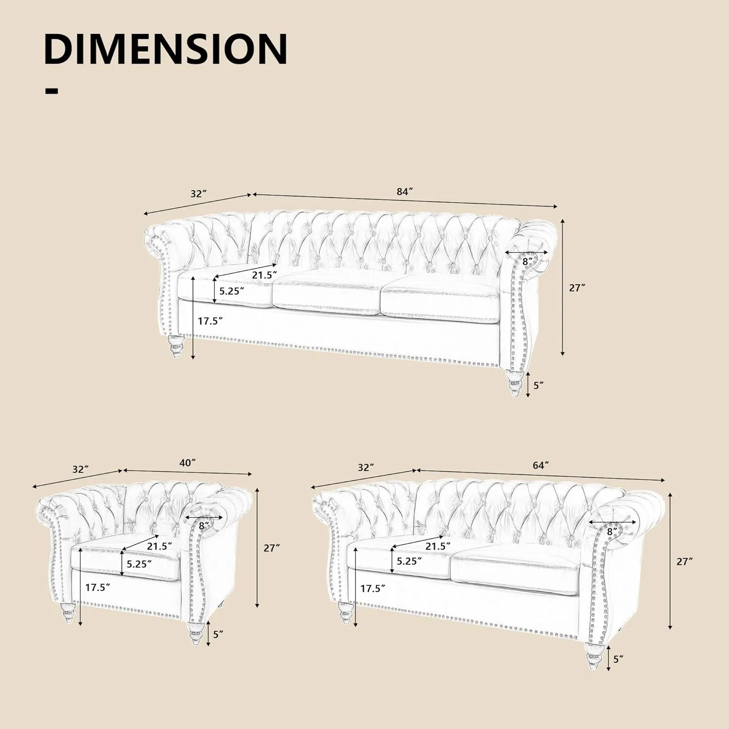 QHITTY 2 Piece Living Room Set, Sectional Chesterfield Sofa Chair Contemporary Upholstered Leather Loveseat Couch Sets for Living Room, Bedroom, Office