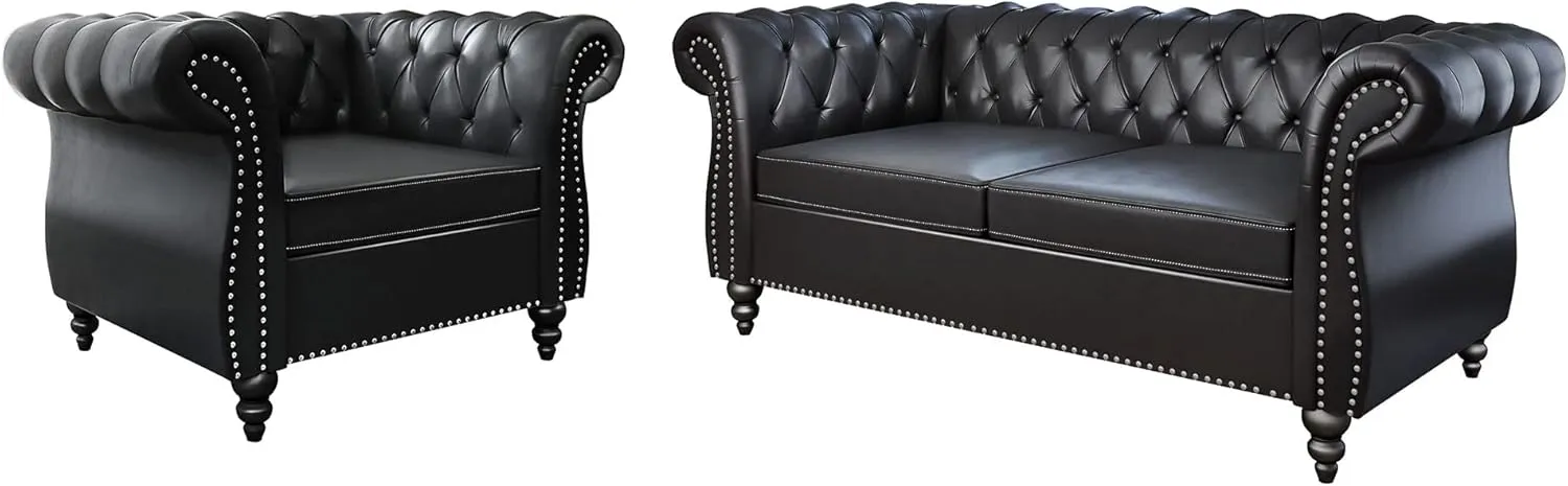 QHITTY 2 Piece Living Room Set, Sectional Chesterfield Sofa Chair Contemporary Upholstered Leather Loveseat Couch Sets for Living Room, Bedroom, Office