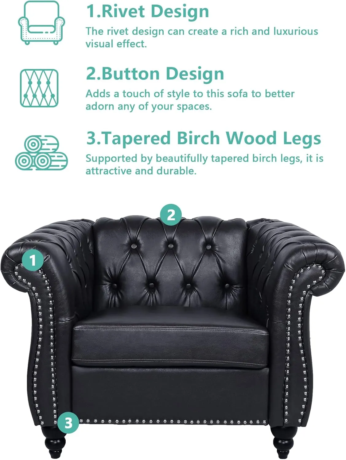 QHITTY 2 Piece Living Room Set, Sectional Chesterfield Sofa Chair Contemporary Upholstered Leather Loveseat Couch Sets for Living Room, Bedroom, Office