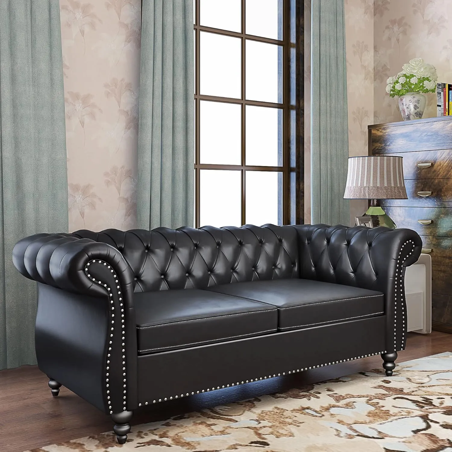 QHITTY 2 Piece Living Room Set, Sectional Chesterfield Sofa Chair Contemporary Upholstered Leather Loveseat Couch Sets for Living Room, Bedroom, Office