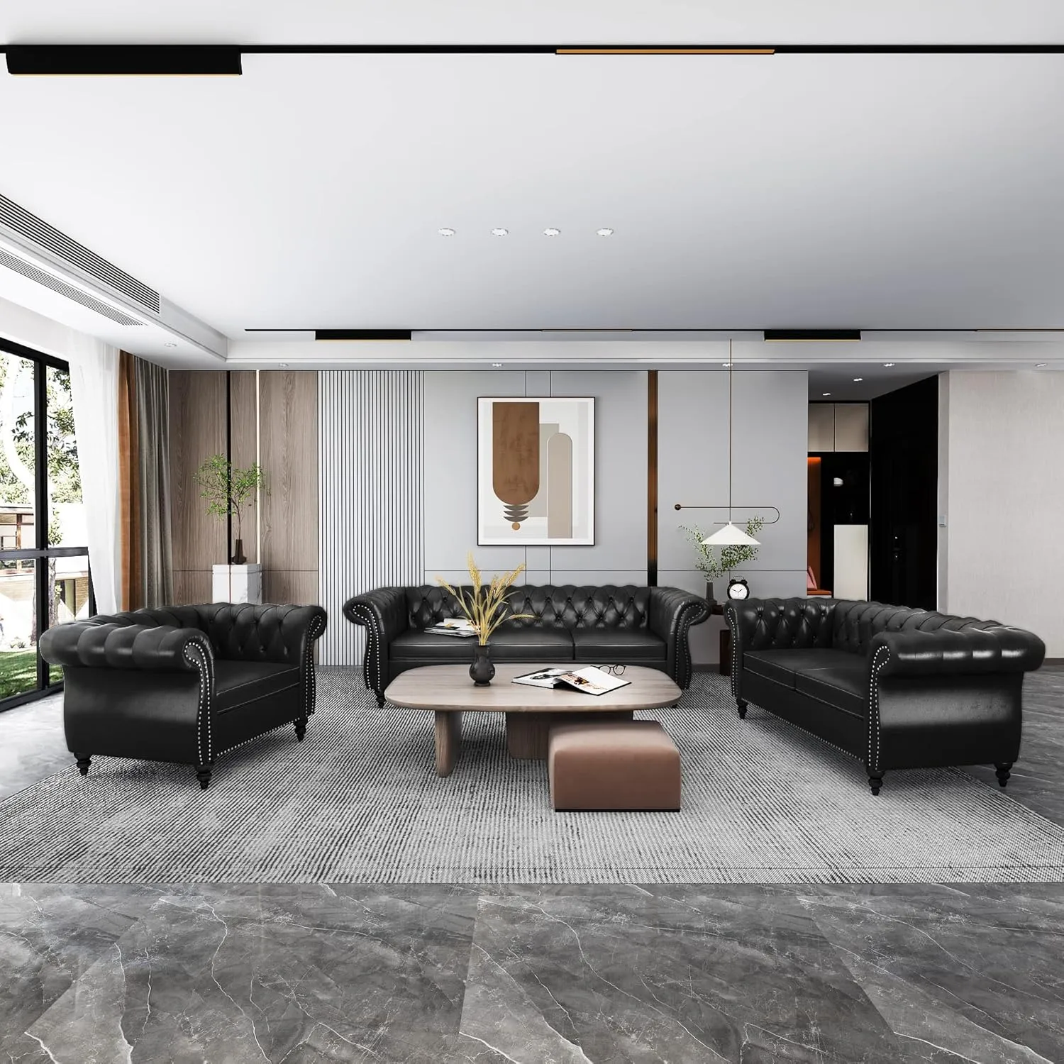 QHITTY 2 Piece Living Room Set, Sectional Chesterfield Sofa Chair Contemporary Upholstered Leather Loveseat Couch Sets for Living Room, Bedroom, Office