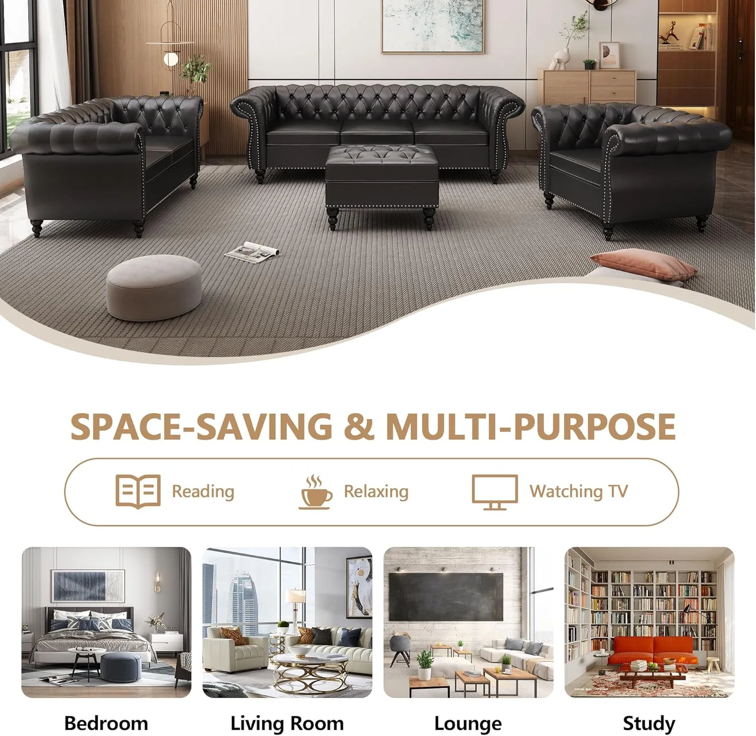 QHITTY 2 Piece Living Room Set, Sectional Chesterfield Sofa Chair Contemporary Upholstered Leather Loveseat Couch Sets for Living Room, Bedroom, Office