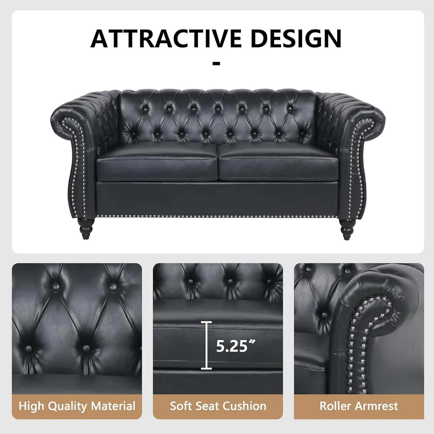 QHITTY 3 Piece Living Room Set, Sectional Chesterfield Sofa Chair Contemporary Upholstered Artificial Leather Loveseat Couch Sets for Living Room, Bedroom, Office (Black)