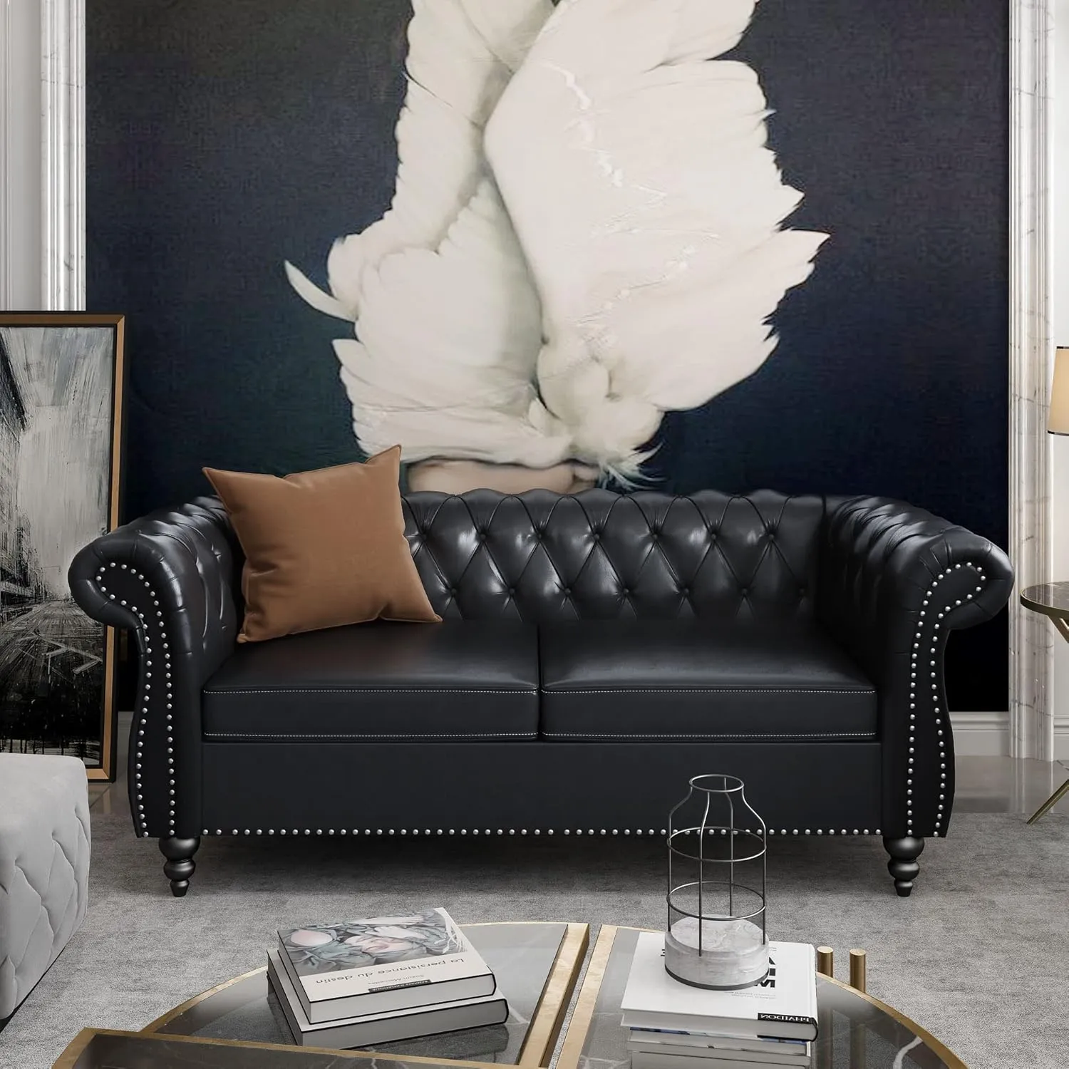 QHITTY 3 Piece Living Room Set, Sectional Chesterfield Sofa Chair Contemporary Upholstered Artificial Leather Loveseat Couch Sets for Living Room, Bedroom, Office (Black)