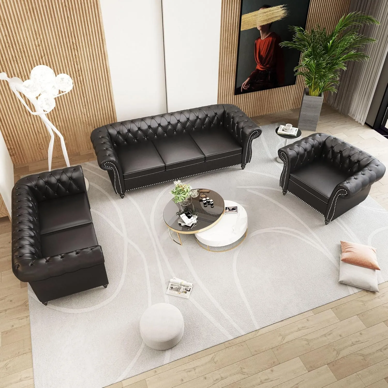 QHITTY 3 Piece Living Room Set, Sectional Chesterfield Sofa Chair Contemporary Upholstered Artificial Leather Loveseat Couch Sets for Living Room, Bedroom, Office (Black)