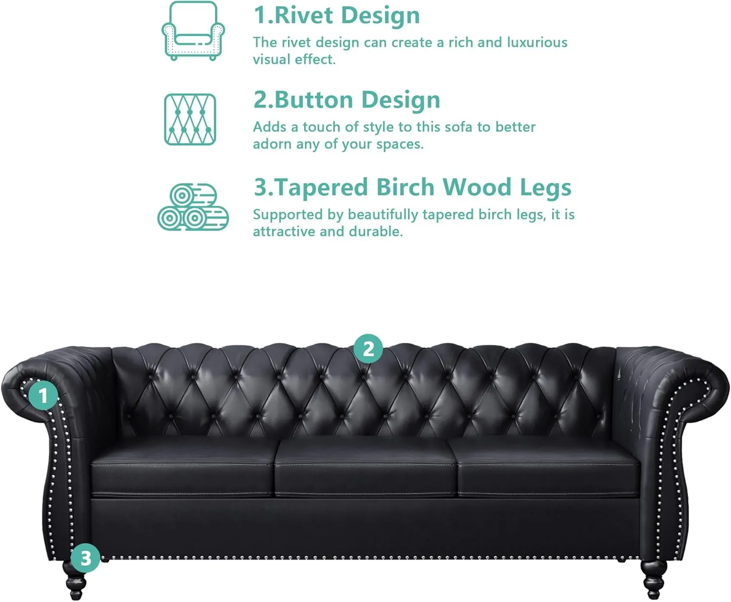 QHITTY 3 Piece Living Room Set, Sectional Chesterfield Sofa Chair Contemporary Upholstered Artificial Leather Loveseat Couch Sets for Living Room, Bedroom, Office (Black)