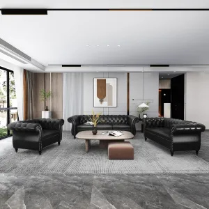 QHITTY 3 Piece Living Room Set, Sectional Chesterfield Sofa Chair Contemporary Upholstered Artificial Leather Loveseat Couch Sets for Living Room, Bedroom, Office (Black)