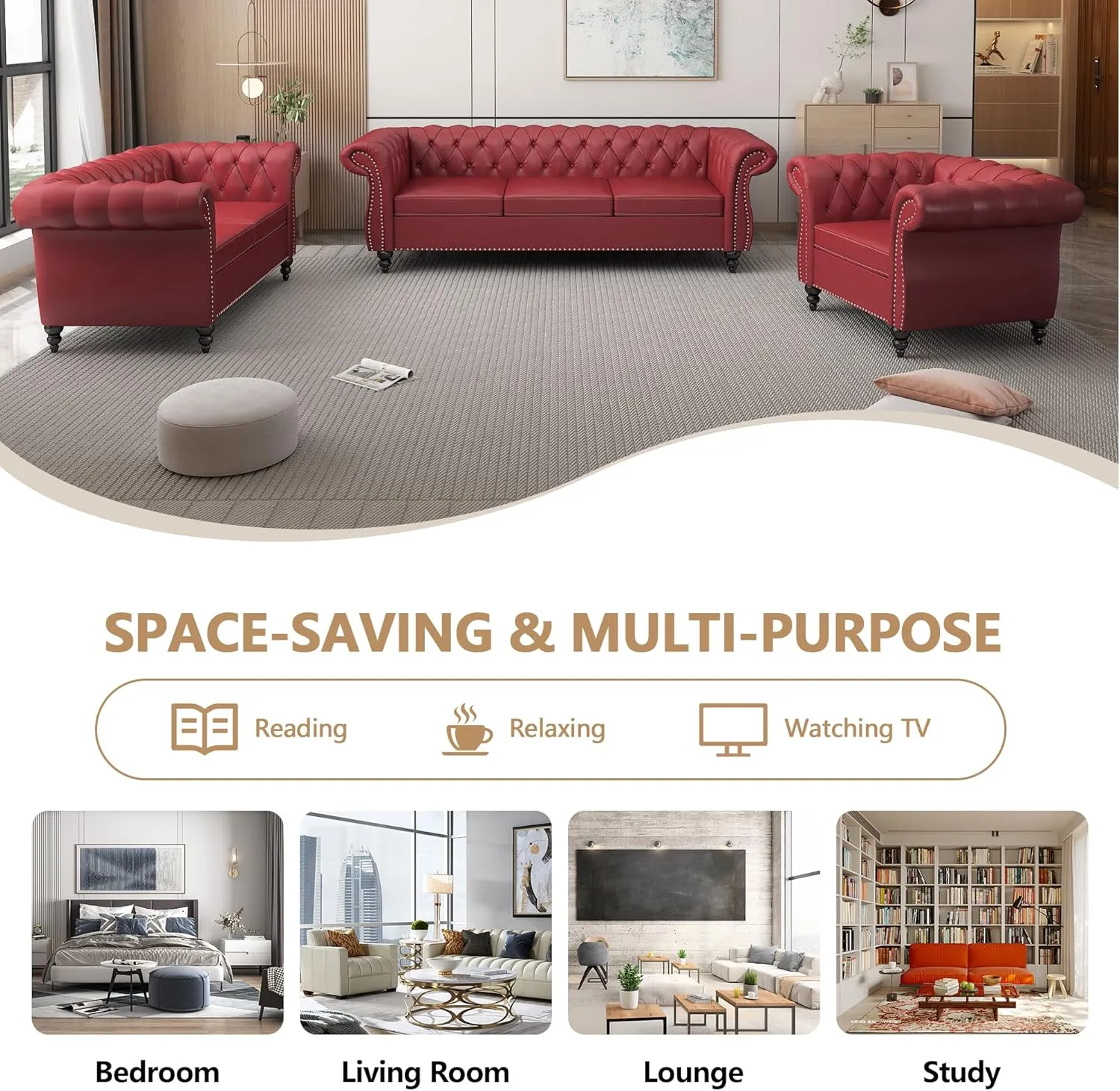 QHITTY 3 Piece Living Room Set, Sectional Chesterfield Sofa Chair Contemporary Upholstered Leather Loveseat Couch Sets for Living Room, Bedroom, Office