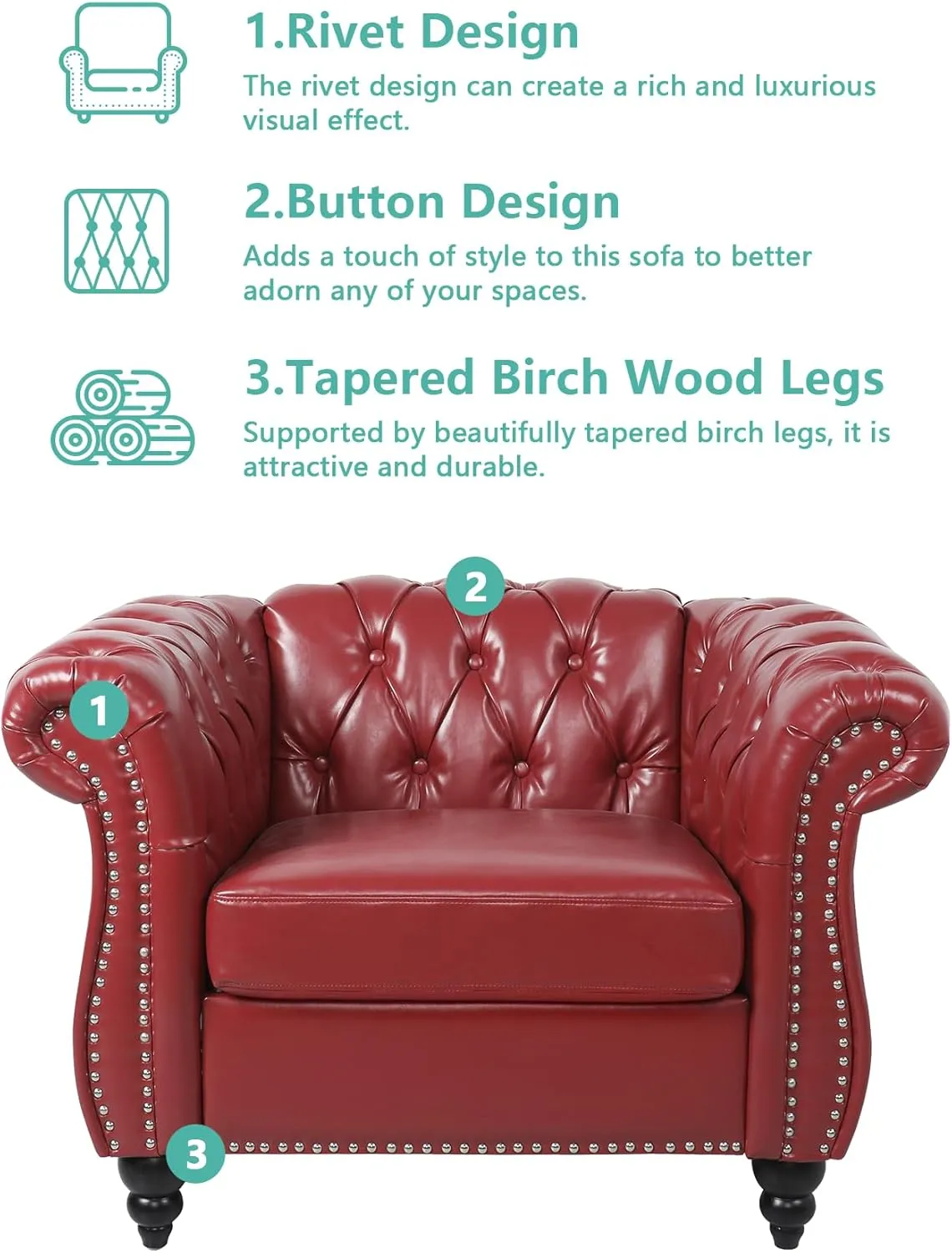 QHITTY 3 Piece Living Room Set, Sectional Chesterfield Sofa Chair Contemporary Upholstered Leather Loveseat Couch Sets for Living Room, Bedroom, Office