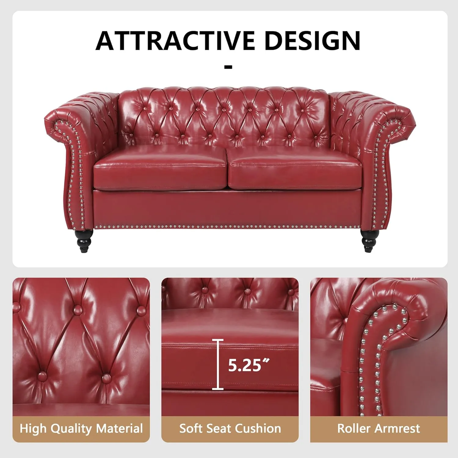 QHITTY 3 Piece Living Room Set, Sectional Chesterfield Sofa Chair Contemporary Upholstered Leather Loveseat Couch Sets for Living Room, Bedroom, Office