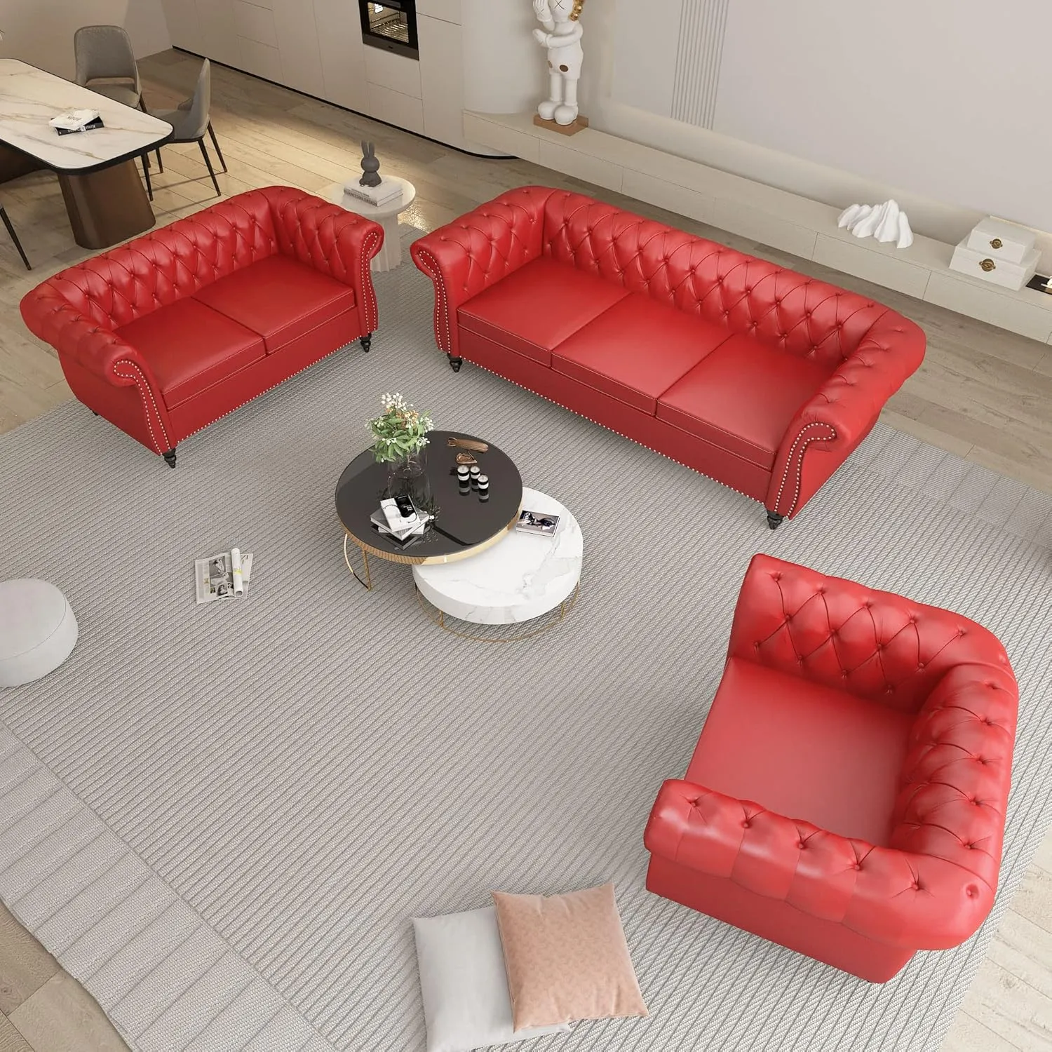 QHITTY 3 Piece Living Room Set, Sectional Chesterfield Sofa Chair Contemporary Upholstered Leather Loveseat Couch Sets for Living Room, Bedroom, Office