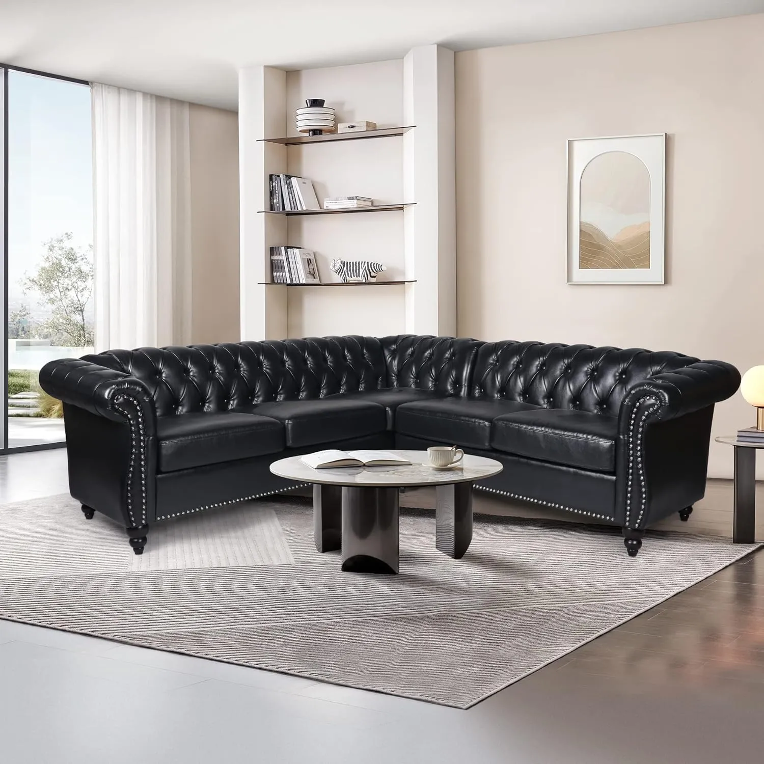 QHITTY L-Shaped Sofa, Sectional Chesterfield Leather Couch 5-Seater Upholstered Small Accent Tufted Sofa with Rolled Armrest and Nailhead Design for Living Room, Apartment, Office (Black)