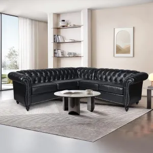 QHITTY L-Shaped Sofa, Sectional Chesterfield Leather Couch 5-Seater Upholstered Small Accent Tufted Sofa with Rolled Armrest and Nailhead Design for Living Room, Apartment, Office (Black)
