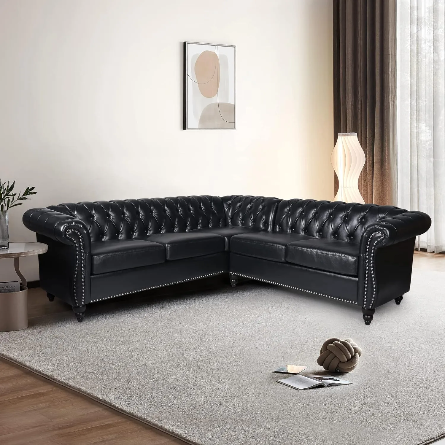 QHITTY L-Shaped Sofa, Sectional Chesterfield Leather Couch 5-Seater Upholstered Small Accent Tufted Sofa with Rolled Armrest and Nailhead Design for Living Room, Apartment, Office (Black)