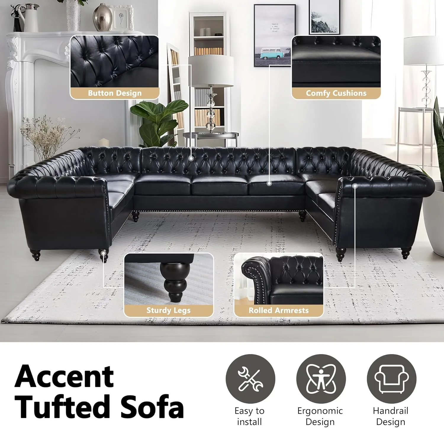 QHITTY U-Shaped Sofa, Sectional Chesterfield Leather Faux Couch 9-Seater Upholstered Large Accent Tufted Sofa with Rolled Armrest and Nailhead Design for Living Room, Apartment, Office (Black)