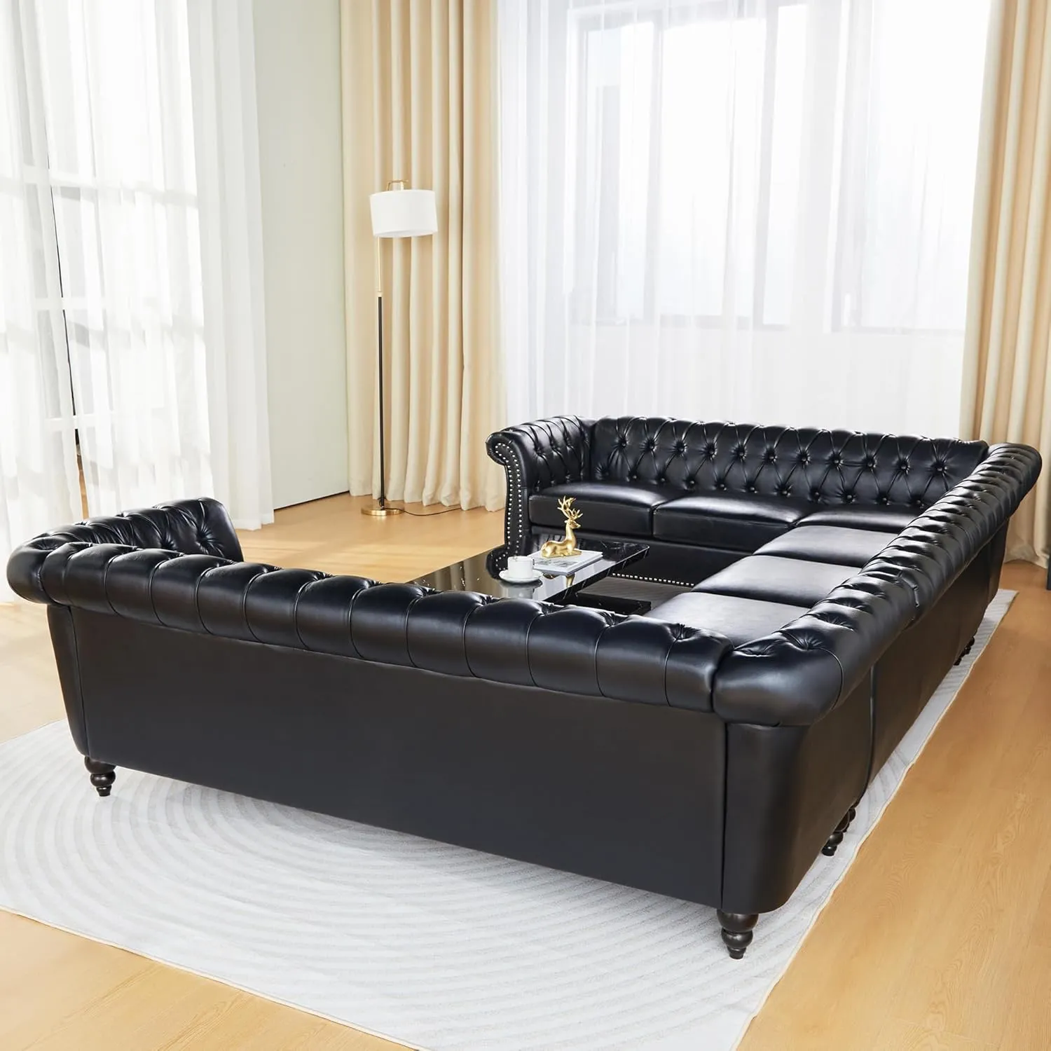 QHITTY U-Shaped Sofa, Sectional Chesterfield Leather Faux Couch 9-Seater Upholstered Large Accent Tufted Sofa with Rolled Armrest and Nailhead Design for Living Room, Apartment, Office (Black)
