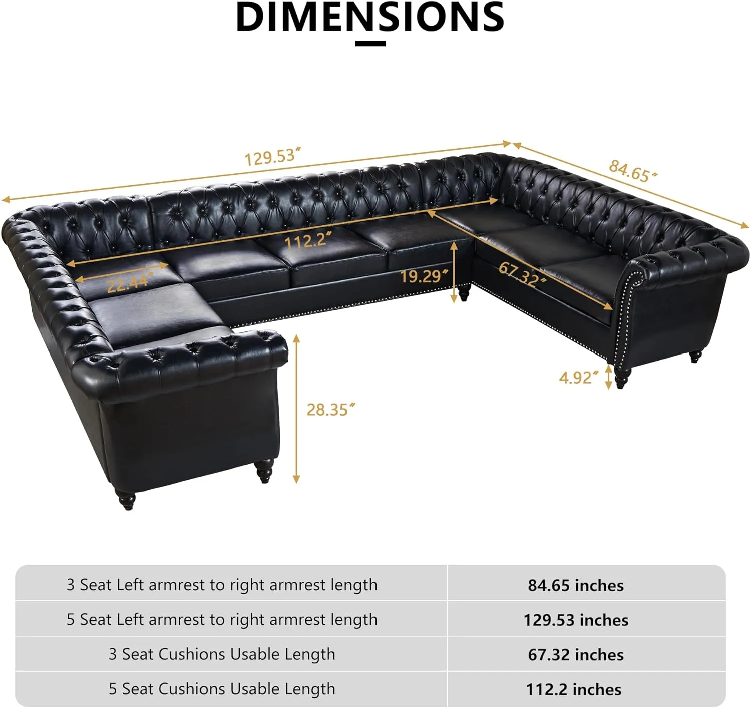 QHITTY U-Shaped Sofa, Sectional Chesterfield Leather Faux Couch 9-Seater Upholstered Large Accent Tufted Sofa with Rolled Armrest and Nailhead Design for Living Room, Apartment, Office (Black)
