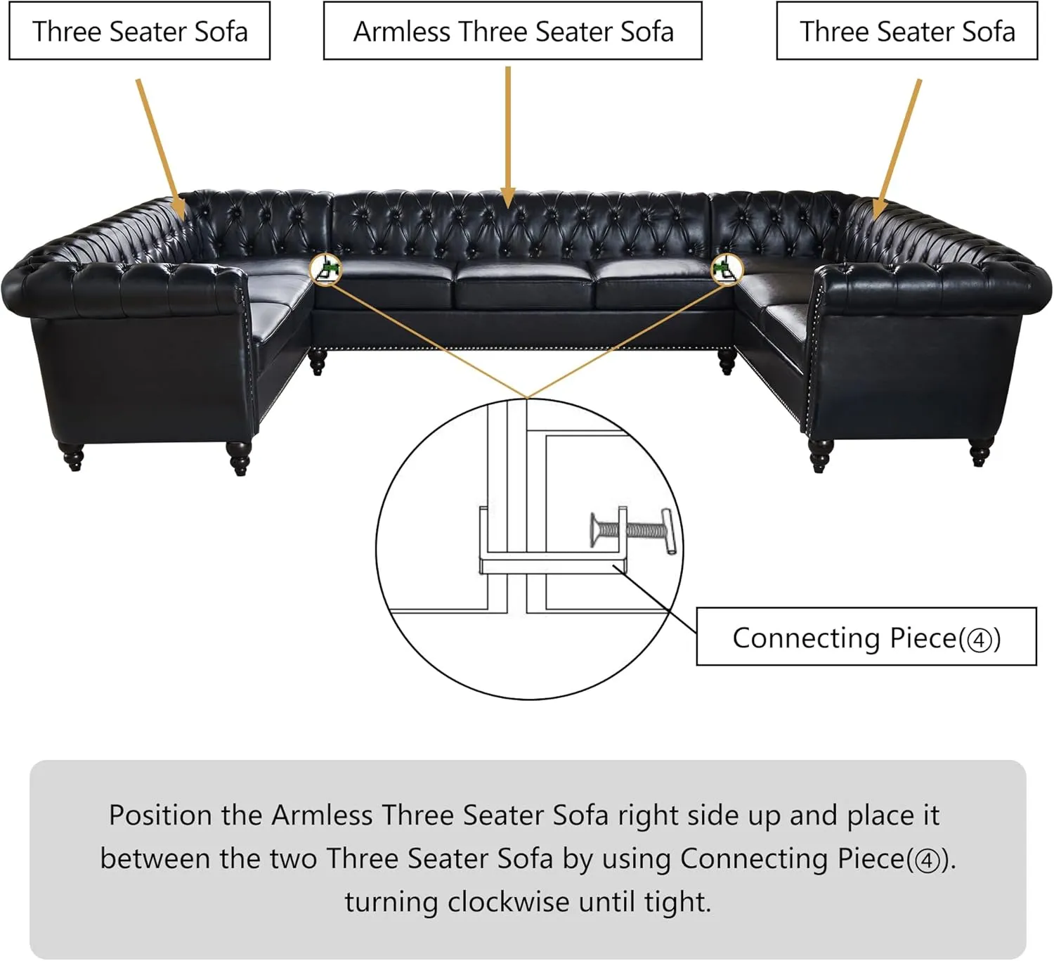 QHITTY U-Shaped Sofa, Sectional Chesterfield Leather Faux Couch 9-Seater Upholstered Large Accent Tufted Sofa with Rolled Armrest and Nailhead Design for Living Room, Apartment, Office (Black)