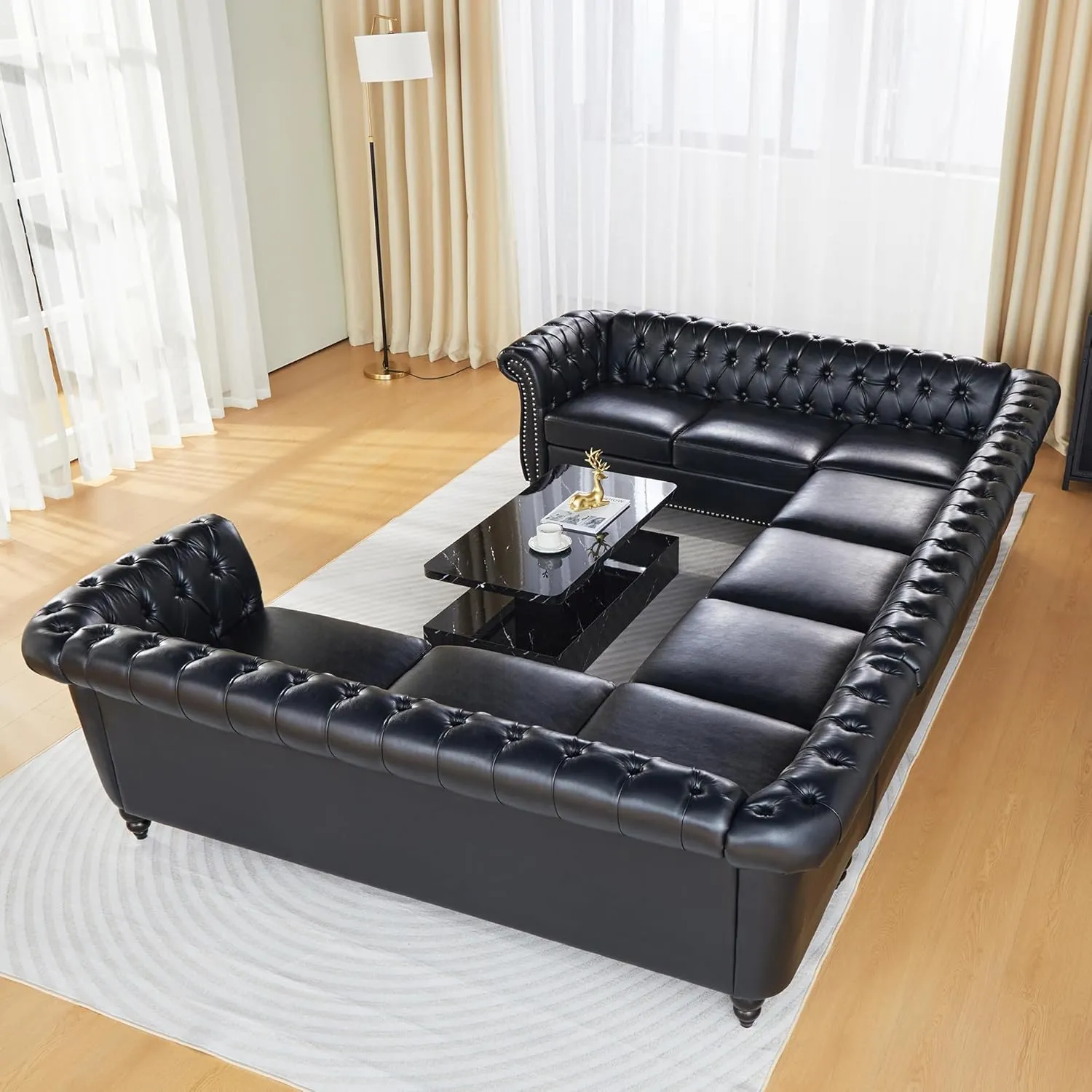 QHITTY U-Shaped Sofa, Sectional Chesterfield Leather Faux Couch 9-Seater Upholstered Large Accent Tufted Sofa with Rolled Armrest and Nailhead Design for Living Room, Apartment, Office (Black)