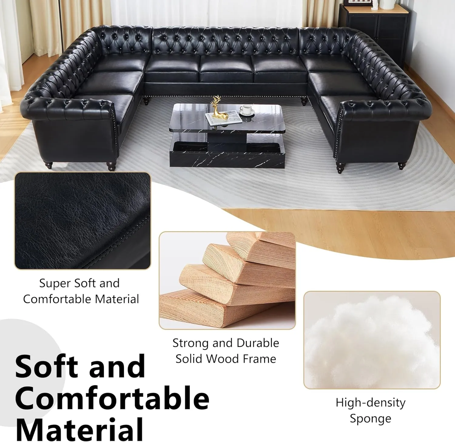 QHITTY U-Shaped Sofa, Sectional Chesterfield Leather Faux Couch 9-Seater Upholstered Large Accent Tufted Sofa with Rolled Armrest and Nailhead Design for Living Room, Apartment, Office (Black)