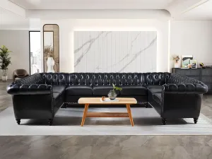 QHITTY U-Shaped Sofa, Sectional Chesterfield Leather Faux Couch 9-Seater Upholstered Large Accent Tufted Sofa with Rolled Armrest and Nailhead Design for Living Room, Apartment, Office (Black)