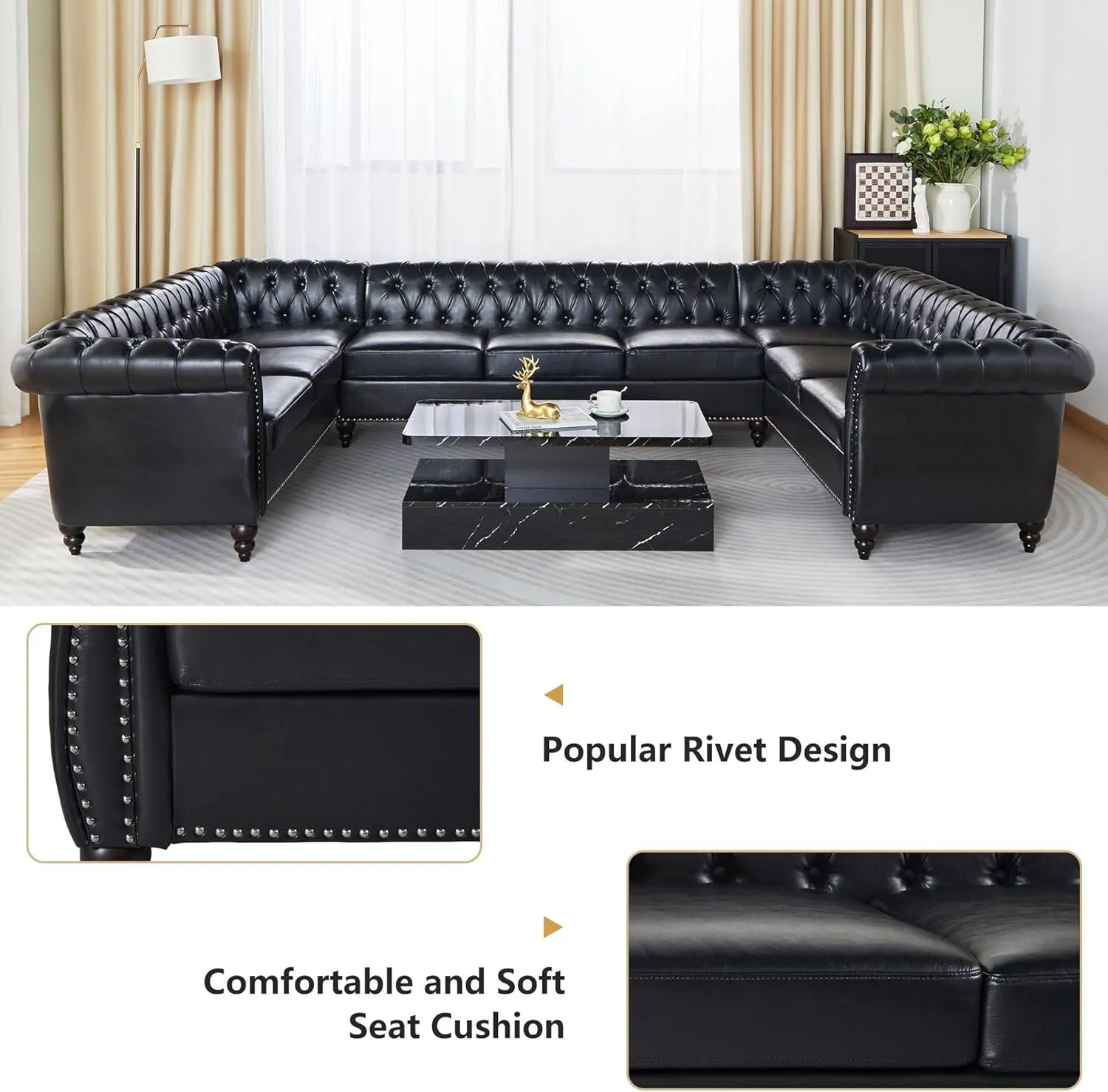 QHITTY U-Shaped Sofa, Sectional Chesterfield Leather Faux Couch 9-Seater Upholstered Large Accent Tufted Sofa with Rolled Armrest and Nailhead Design for Living Room, Apartment, Office (Black)