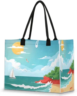 QsirBC Sandy Shore Large Beach Tote Bag for Women Adequate Capacity Kitchen Reusable Grocery Bag with Inner Zipper Pocket Travel Tote Handbag for Beach Pool Shopping Daily Use