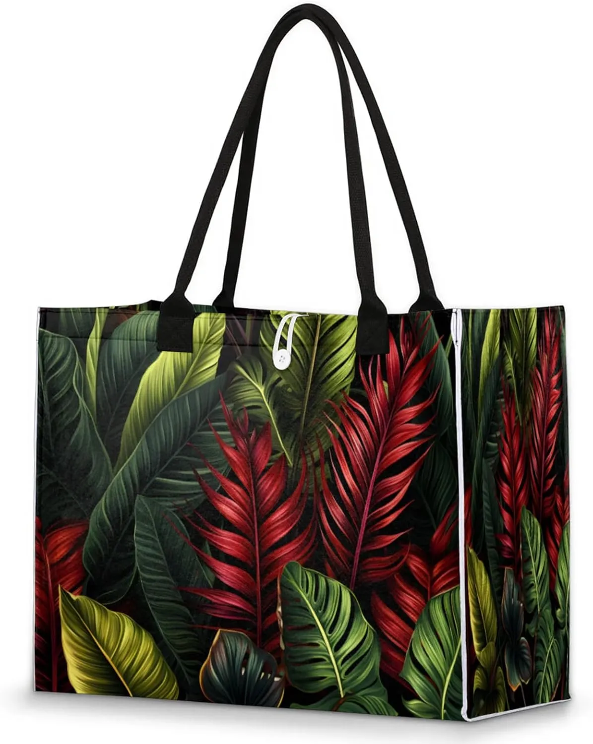 QsirBC Tropical Foliage Flower Large Beach Tote Bag for Women Adequate Capacity Kitchen Reusable Grocery Bag with Inner Zipper Pocket Travel Tote Handbag for Beach Pool Shopping Daily Use