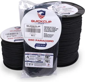 QUICKCLIP-PRO 550lb Heavy Duty Paracord/Parachute Cord - 7 Strand Core para Rope, Type 3 III Parachute Line 50', 100', 300', 1000' FT Spools for Camping, Hiking, Survival (Black, 300FT)