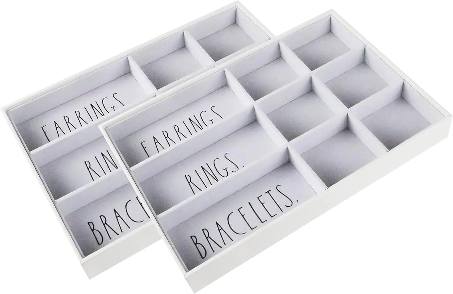 Rae Dunn Jewelry Tray - Jewelry Drawer Organizer - Set of 2 Stackable Jewelry Organizer Trays - Storage Box for Earring, Ring, Bracelet, Necklace - Stacking Insert for Drawers, Vanity Display - White