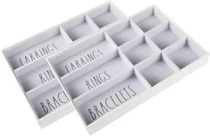 Rae Dunn Jewelry Tray - Jewelry Drawer Organizer - Set of 2 Stackable Jewelry Organizer Trays - Storage Box for Earring, Ring, Bracelet, Necklace - Stacking Insert for Drawers, Vanity Display - White
