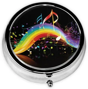 Rainbow Musical Note Melody Pill Box Round Pill Case for Pocket Purse 3 Compartment Medicine Pill Organizer Cute Portable Travel Pillbox Vitamin Cod Liver Oil Storage Box Unique Gift Organizer