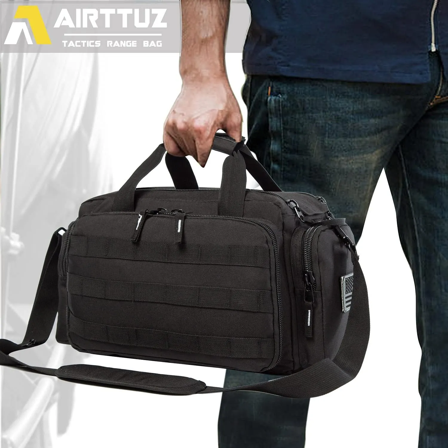 Range Bag | Gun Range Duffle Bag for Handguns and Ammo,USA Flag Patch Included. (Black)