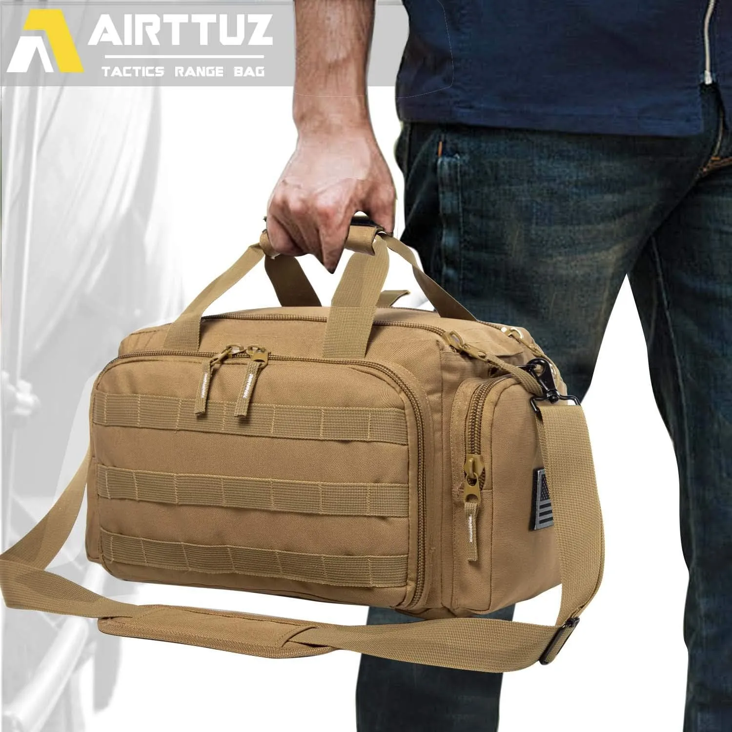 Range Bag | Gun Range Duffle Bag for Handguns and Ammo,USA Flag Patch Included. (Khaki)