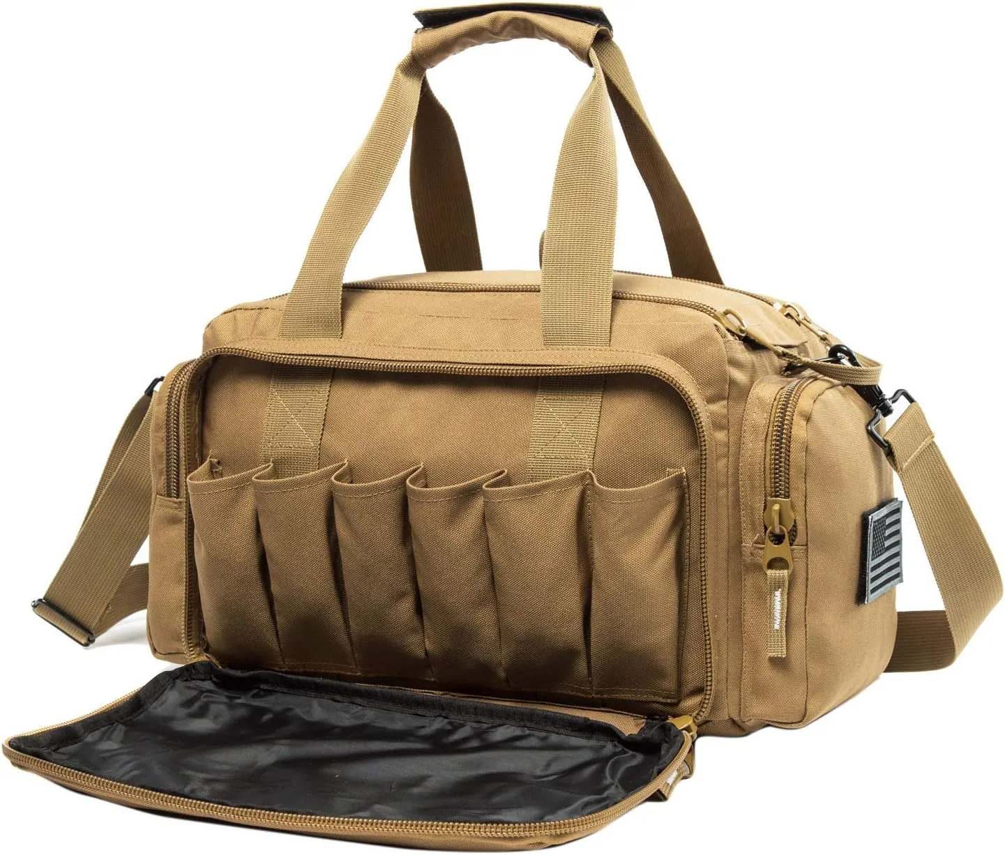 Range Bag | Gun Range Duffle Bag for Handguns and Ammo,USA Flag Patch Included. (Khaki)