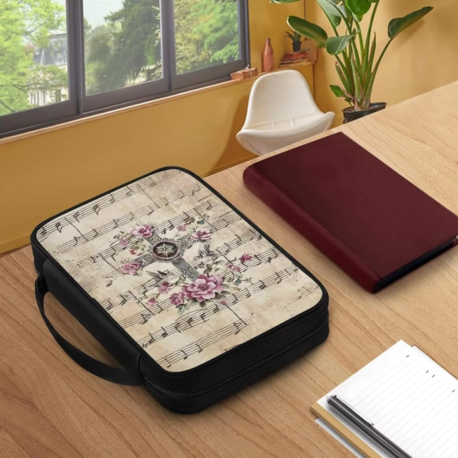 Rchsmod Cross Lily Print Bible Cover for Women Men Hibiscus Sparrow Music Note Pattern Bible Case Large Bible Bag with Zipper Multifunctional Bible Accessories Scripture Bag Christian Gift