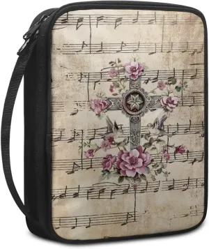 Rchsmod Cross Lily Print Bible Cover for Women Men Hibiscus Sparrow Music Note Pattern Bible Case Large Bible Bag with Zipper Multifunctional Bible Accessories Scripture Bag Christian Gift