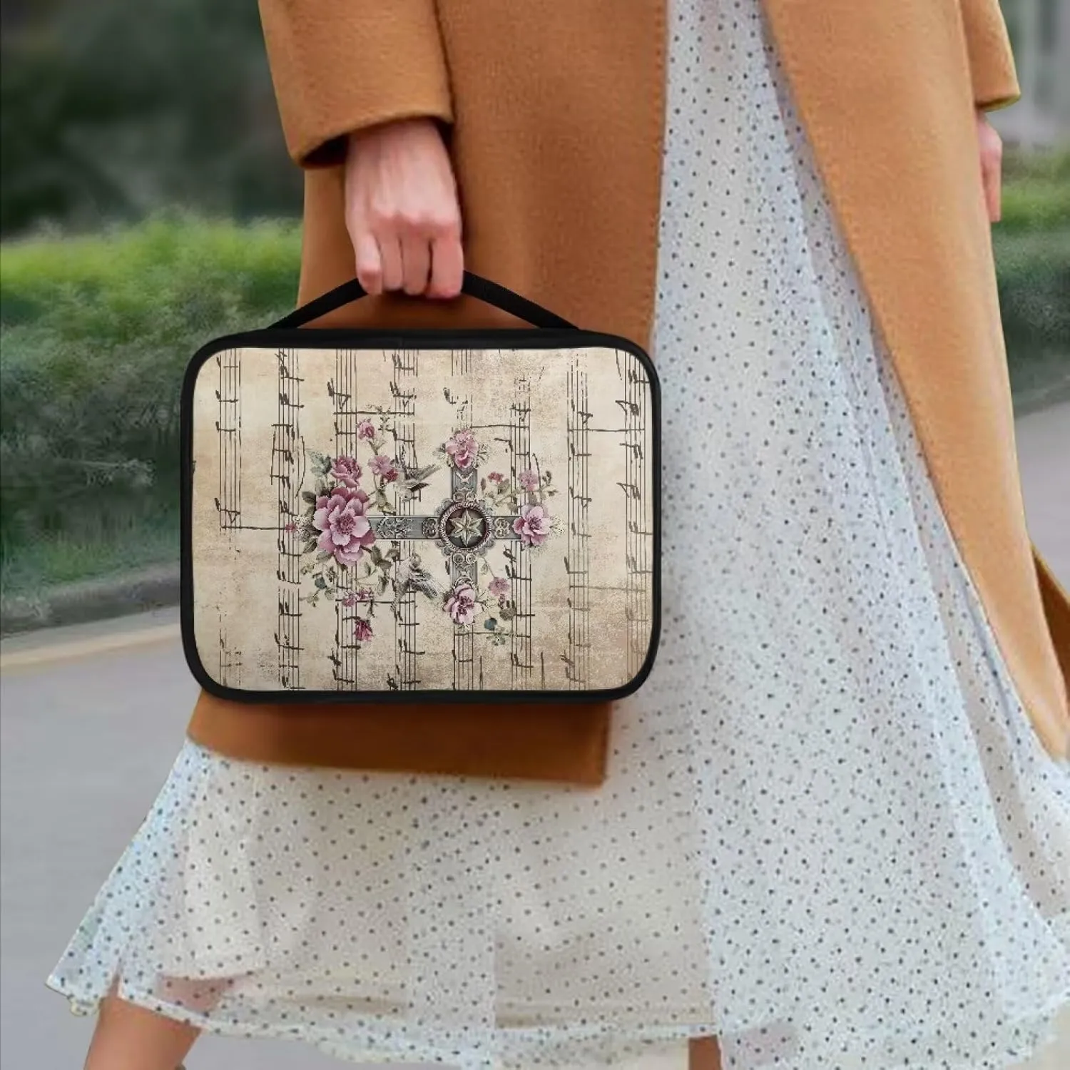 Rchsmod Cross Lily Print Bible Cover for Women Men Hibiscus Sparrow Music Note Pattern Bible Case Large Bible Bag with Zipper Multifunctional Bible Accessories Scripture Bag Christian Gift