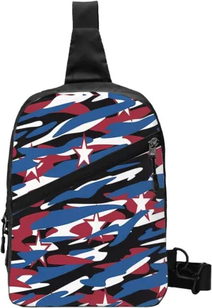 Red Blue Camouflage Stars Portable Sling Bags Packable Crossbody Bag Foldable Sport Daypack Reusable Shoulder Backpack Diagonally Chest Bag for Workout Travel
