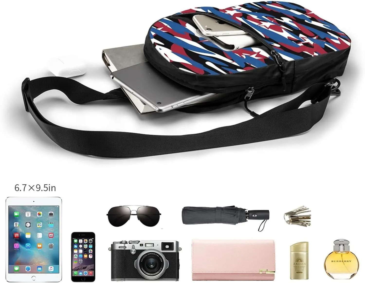 Red Blue Camouflage Stars Portable Sling Bags Packable Crossbody Bag Foldable Sport Daypack Reusable Shoulder Backpack Diagonally Chest Bag for Workout Travel