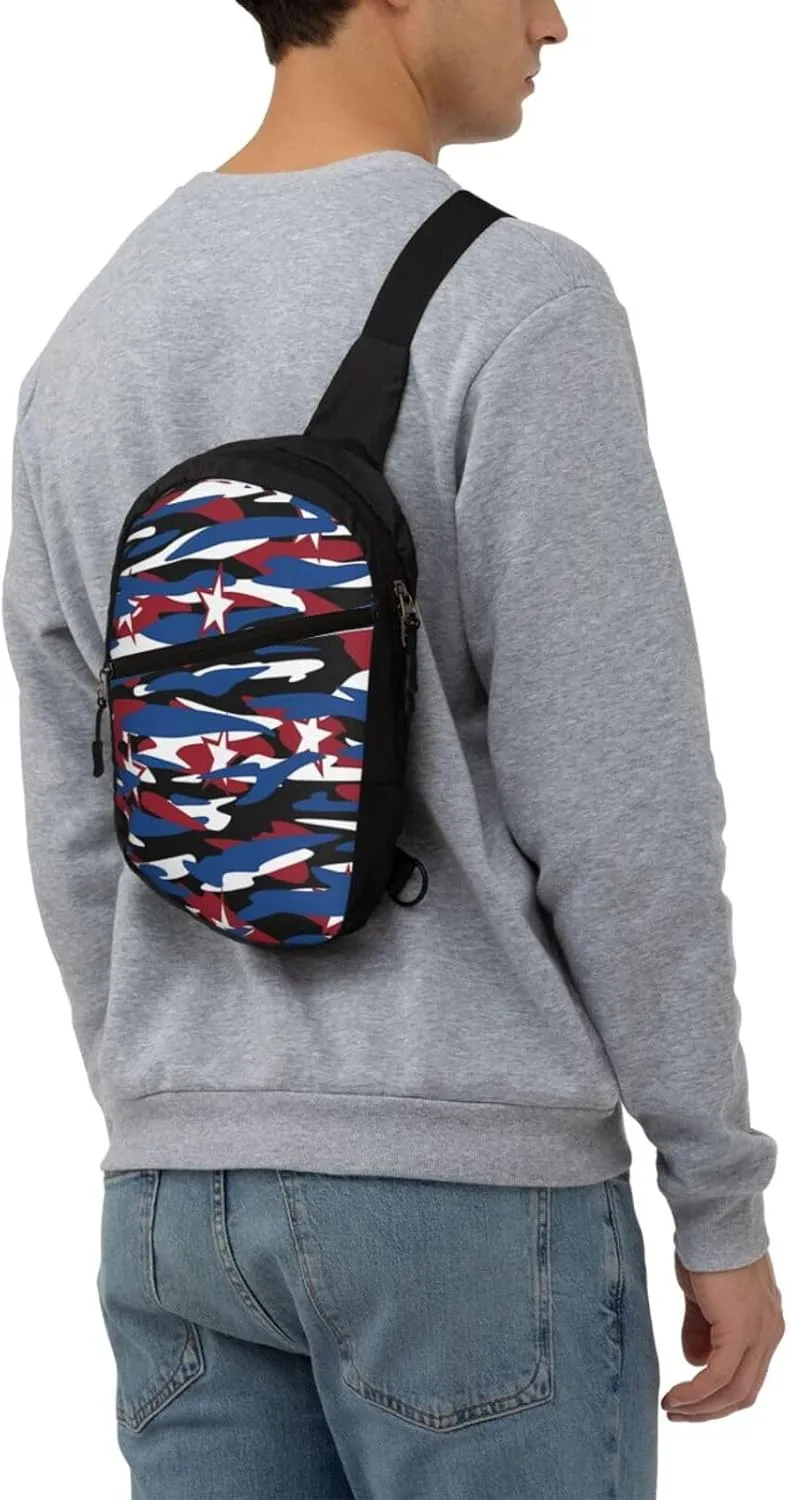 Red Blue Camouflage Stars Portable Sling Bags Packable Crossbody Bag Foldable Sport Daypack Reusable Shoulder Backpack Diagonally Chest Bag for Workout Travel