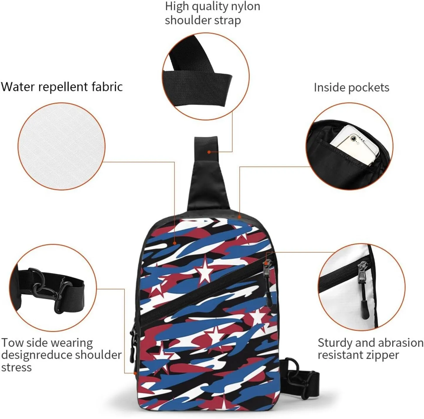 Red Blue Camouflage Stars Portable Sling Bags Packable Crossbody Bag Foldable Sport Daypack Reusable Shoulder Backpack Diagonally Chest Bag for Workout Travel