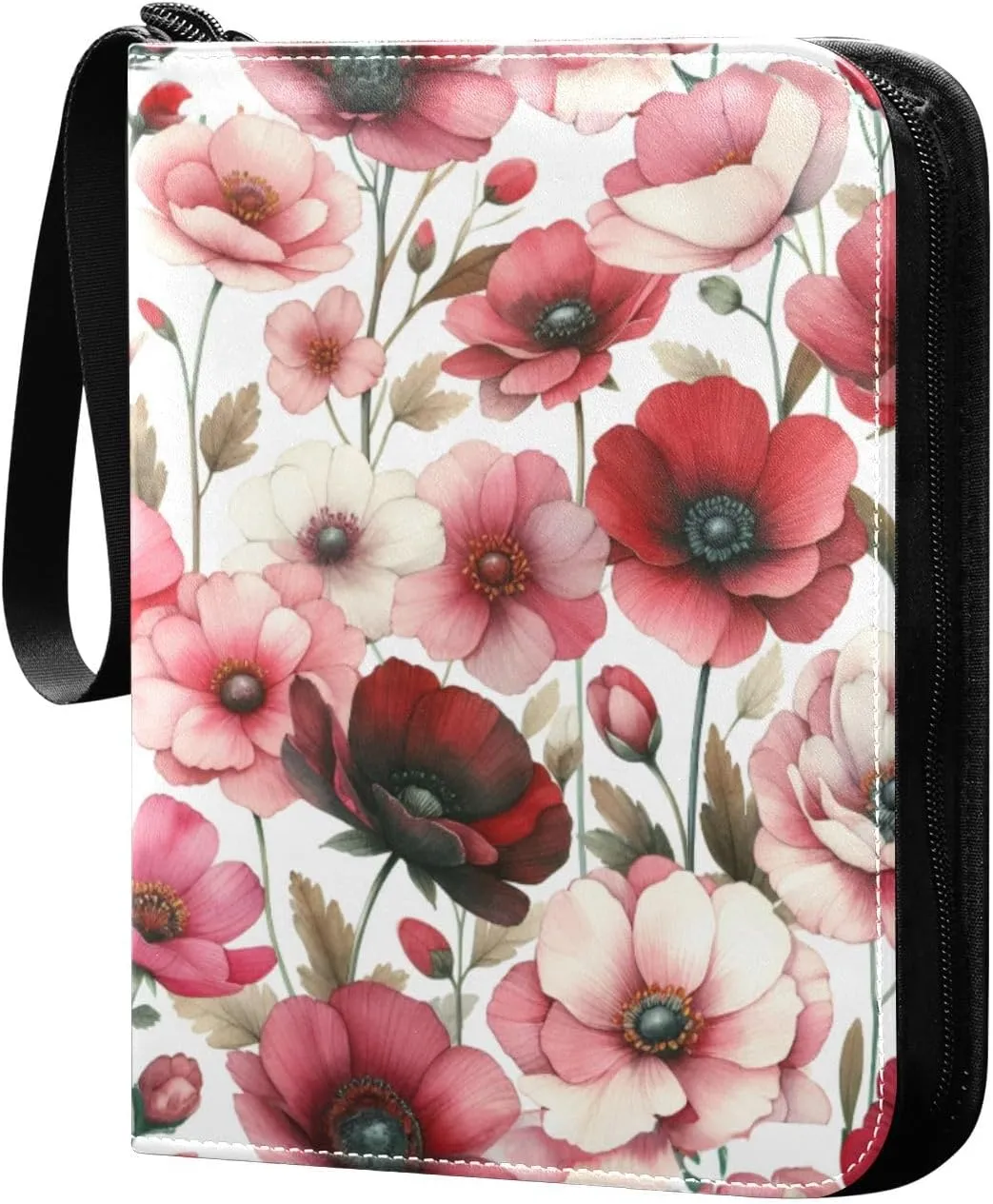 Red Pink Flowers Card Binder 4 Pocket Trading Card Album Fits 400 Sports/Game Cards, PU Cover 3 Ring Card Collection with 50 Removable Sleeves