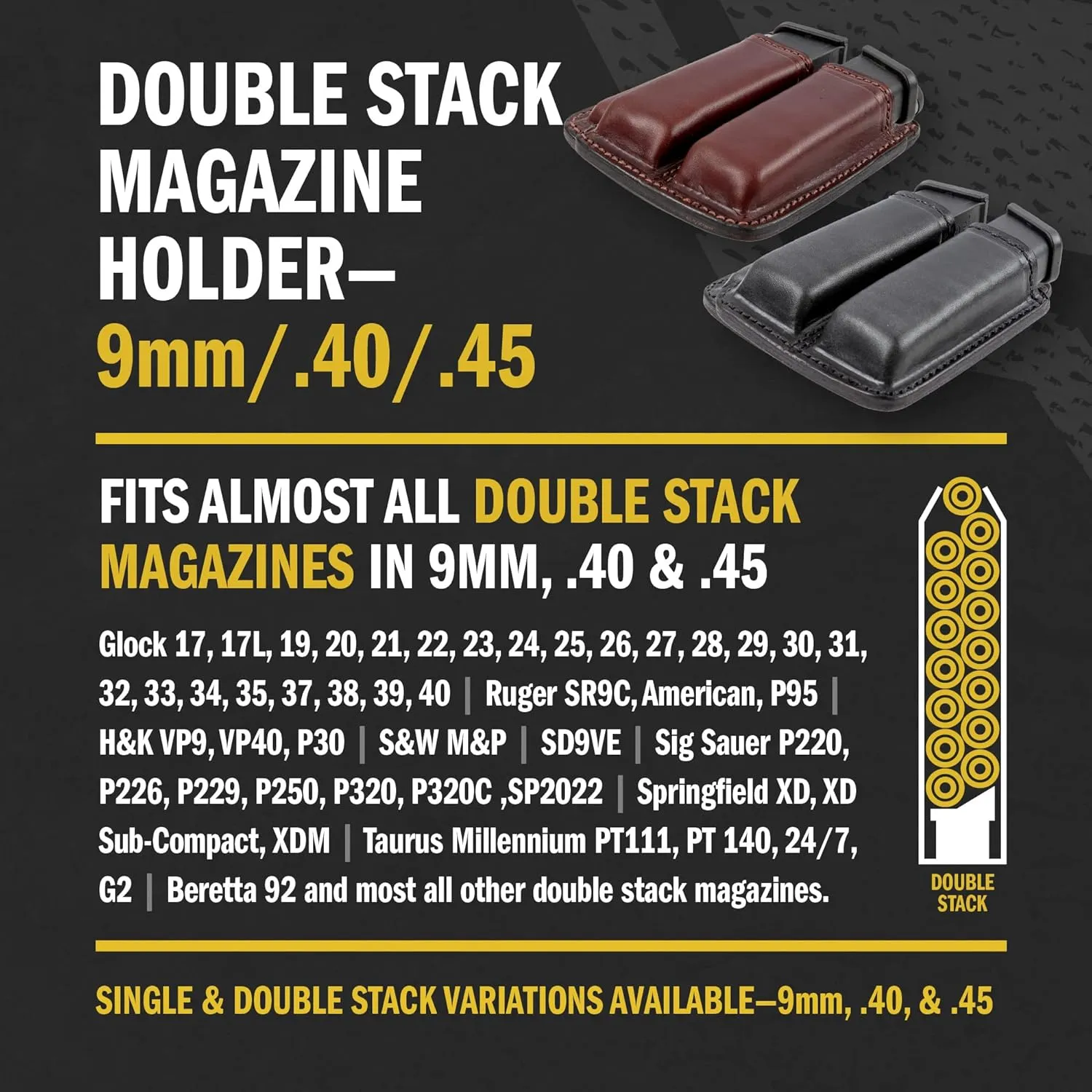 Relentless Tactical Leather Double Magazine Holder | Made in USA | Sizes to fit virtually Any 9mm, .40 or .45 Caliber Pistol Mag | Single or Double Stack | IWB or OWB Mag Pouch