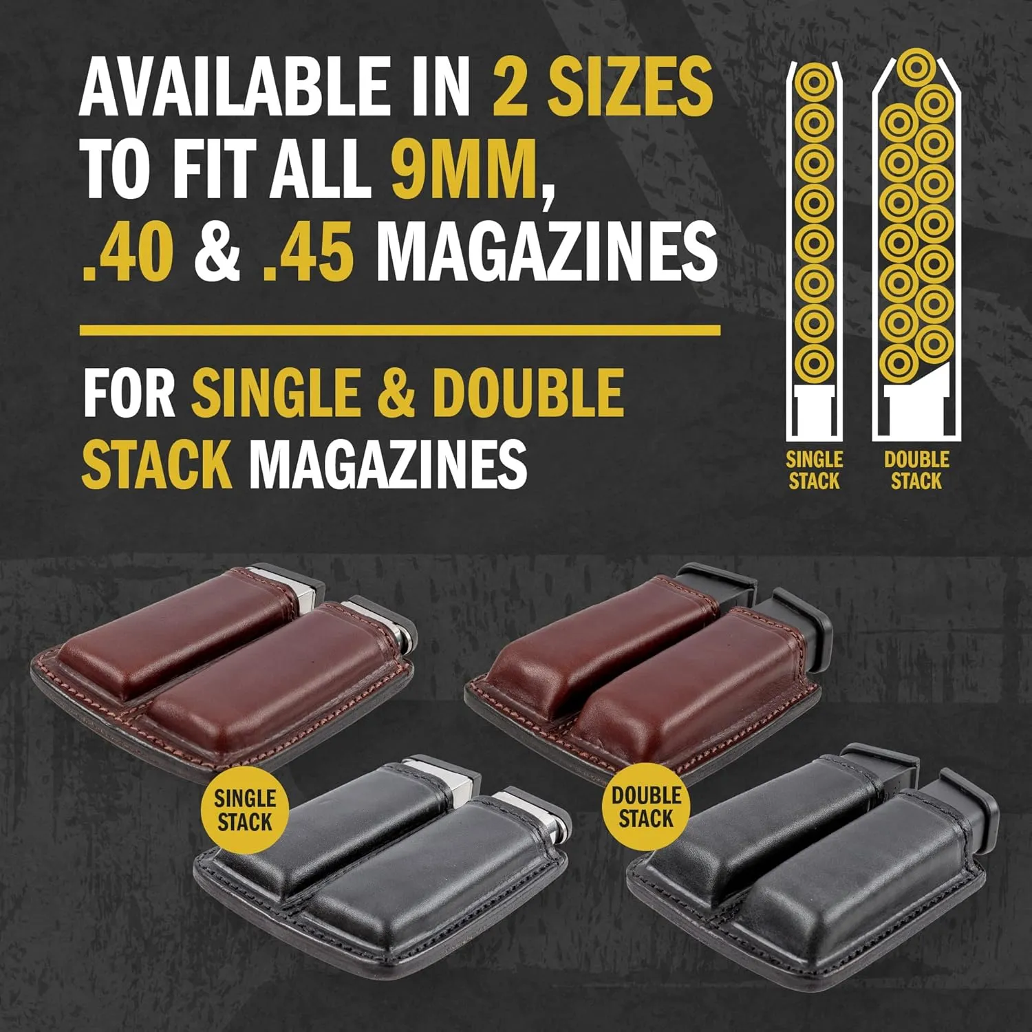 Relentless Tactical Leather Double Magazine Holder | Made in USA | Sizes to fit virtually Any 9mm, .40 or .45 Caliber Pistol Mag | Single or Double Stack | IWB or OWB Mag Pouch