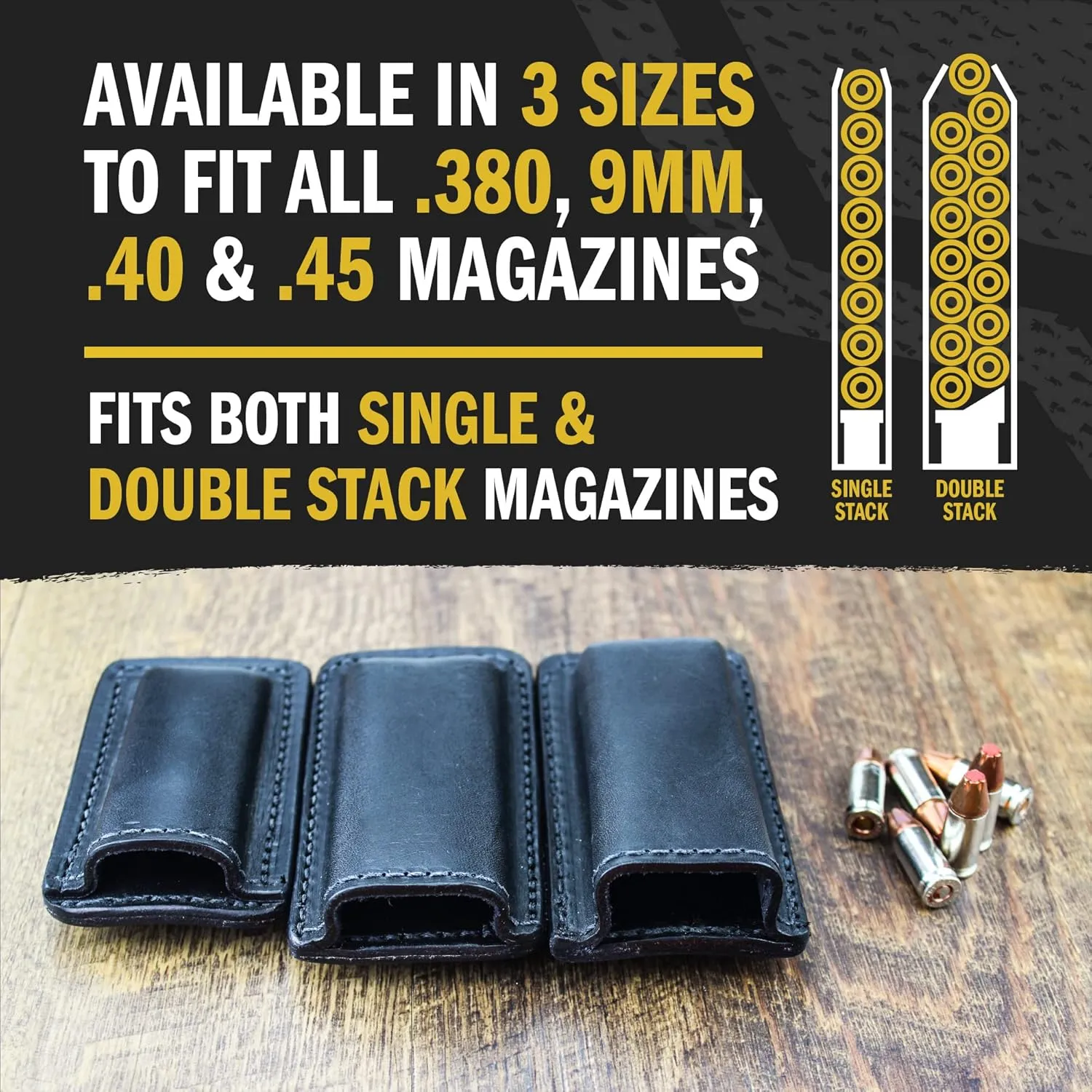Relentless Tactical Leather Magazine Holder | Made in USA Sizes to fit virtually Any 9mm .40 .45 or .380 Pistol Mag | Single or Double Stack | IWB or OWB