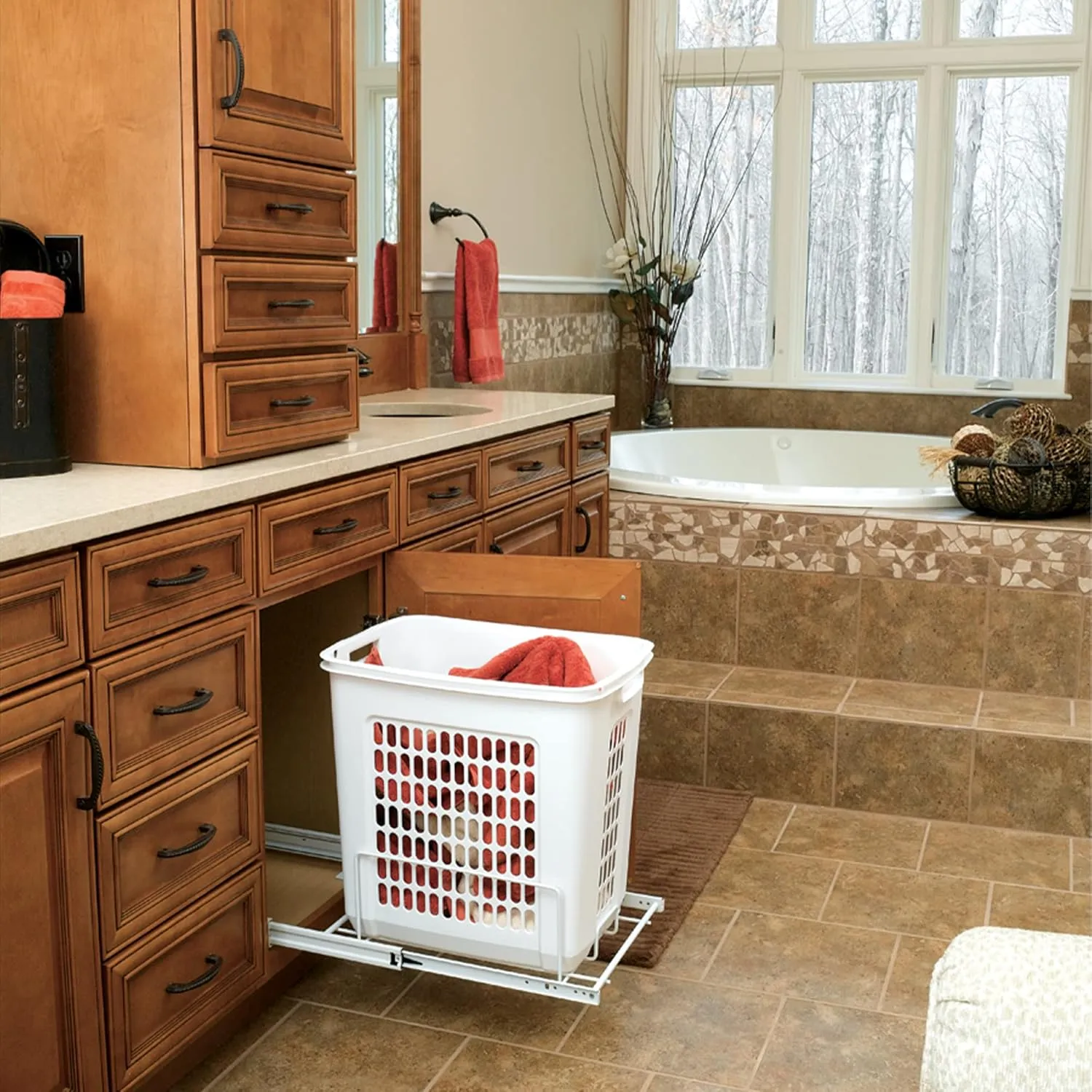 Rev-A-Shelf Pullout 20" Deep Cabinet Floor Steel Mounted Polymer Plastic Clothes Laundry Hamper with Full Extension Slides, White, HPRV-1520 S