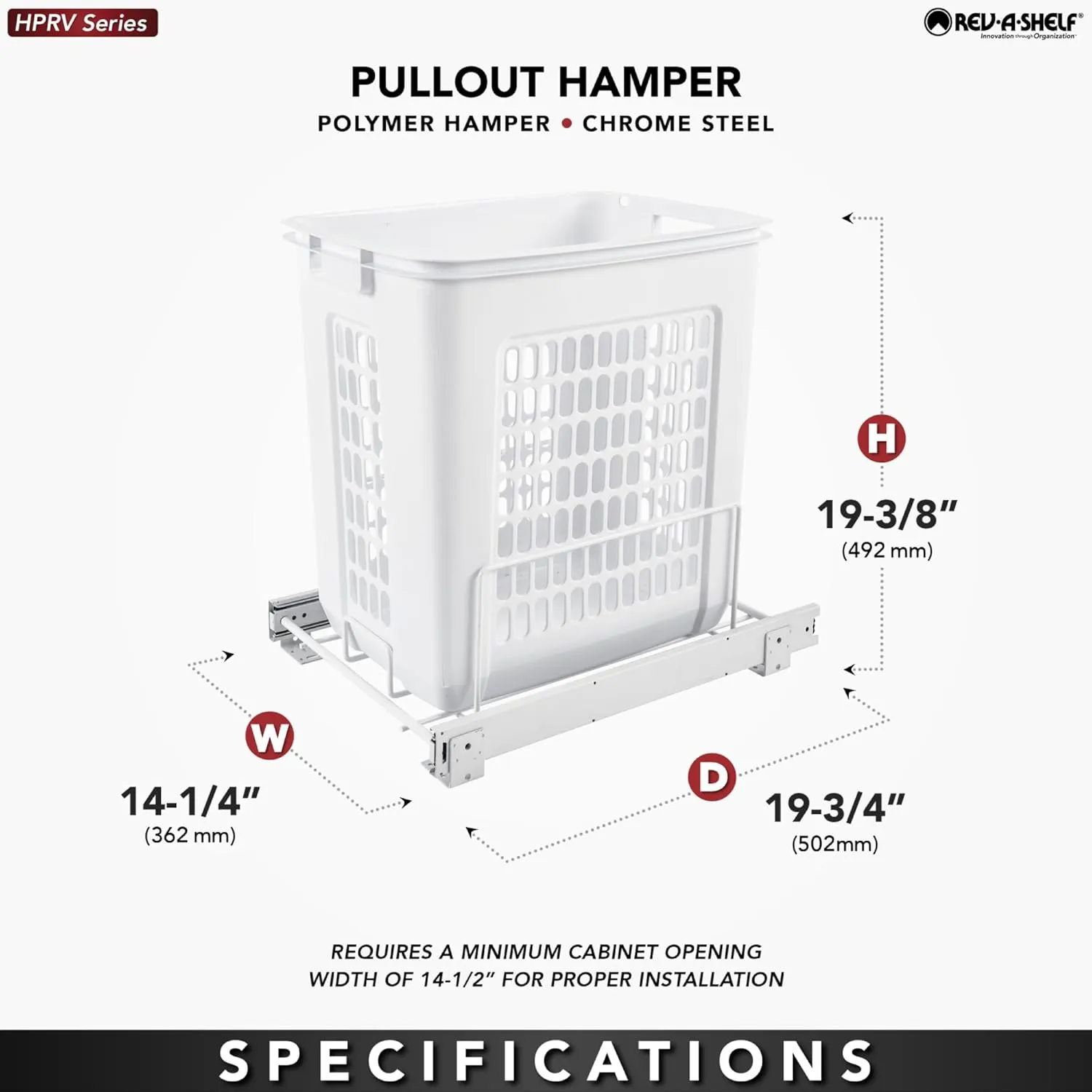 Rev-A-Shelf Pullout 20" Deep Cabinet Floor Steel Mounted Polymer Plastic Clothes Laundry Hamper with Full Extension Slides, White, HPRV-1520 S