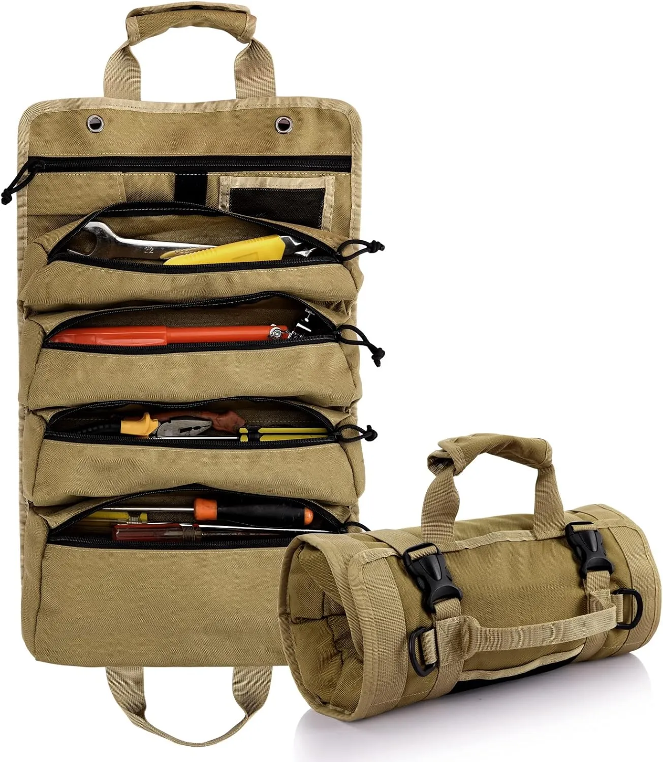 Roll Up Tool Bag, Koolertron 4 Zippers Water Resistant Wrench Tool Organizer, 900D Oxford Cloth Multi Pockets Storage for Mechanic/Electrician, Ideal Gift for Him, Khaki